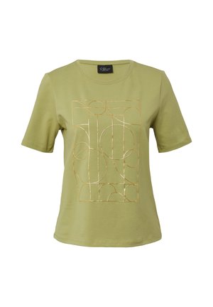 Olivgrünes T-Shirt mit kurzen Ärmeln, das ein geometrisches Muster in metallischem Gold zeigt. Weicher Stoff mit Rundhalsausschnitt und lockerer Passform.