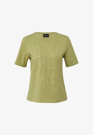 Olivgrünes T-Shirt mit kurzen Ärmeln, das ein geometrisches Muster in metallischem Gold zeigt. Weicher Stoff mit Rundhalsausschnitt und lockerer Passform.