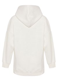 White hoodie with a drawstring hood, long sleeves, and a relaxed fit. Soft cotton material with ribbed cuffs and hem.