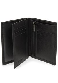 Portafoglio in pelle nera aperto, con quattro scomparti per carte, una tasca con zip e un interno testurizzato. I bordi cuciti aggiungono dettaglio.
