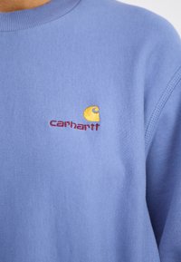 Ljusblå sweatshirt med rund halsringning, ribbade ärmslut och en Carhartt-logotyp i gult och vinrött broderad på bröstet.