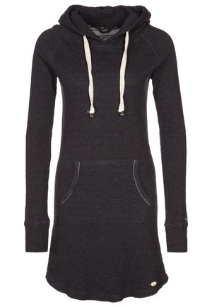 Donkergrijze hoodie-jurk met lange mouwen, voorzak en witte trekkoorden bij de capuchon, met een casual en gezellige stijl.