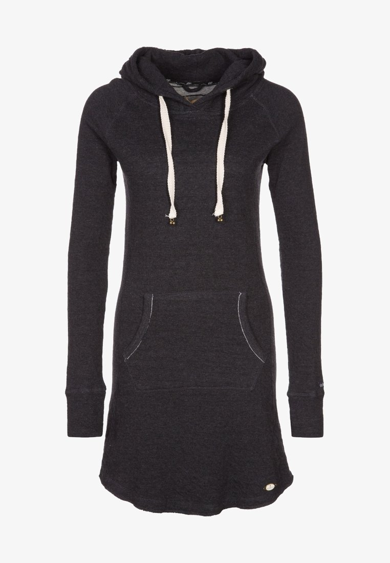 Robe à capuche à manches longues gris foncé avec poche avant et cordons blancs sur la capuche, arborant un style décontracté et confortable.
