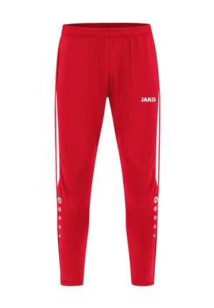 Rode polyester sportbroek met een slim fit, elastische tailleband, witte zijstrepen en knoopdetails bij de enkels. Bevat het 'JAKO' logo.
