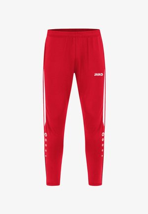 Rode polyester sportbroek met een slim fit, elastische tailleband, witte zijstrepen en knoopdetails bij de enkels. Bevat het 'JAKO' logo.