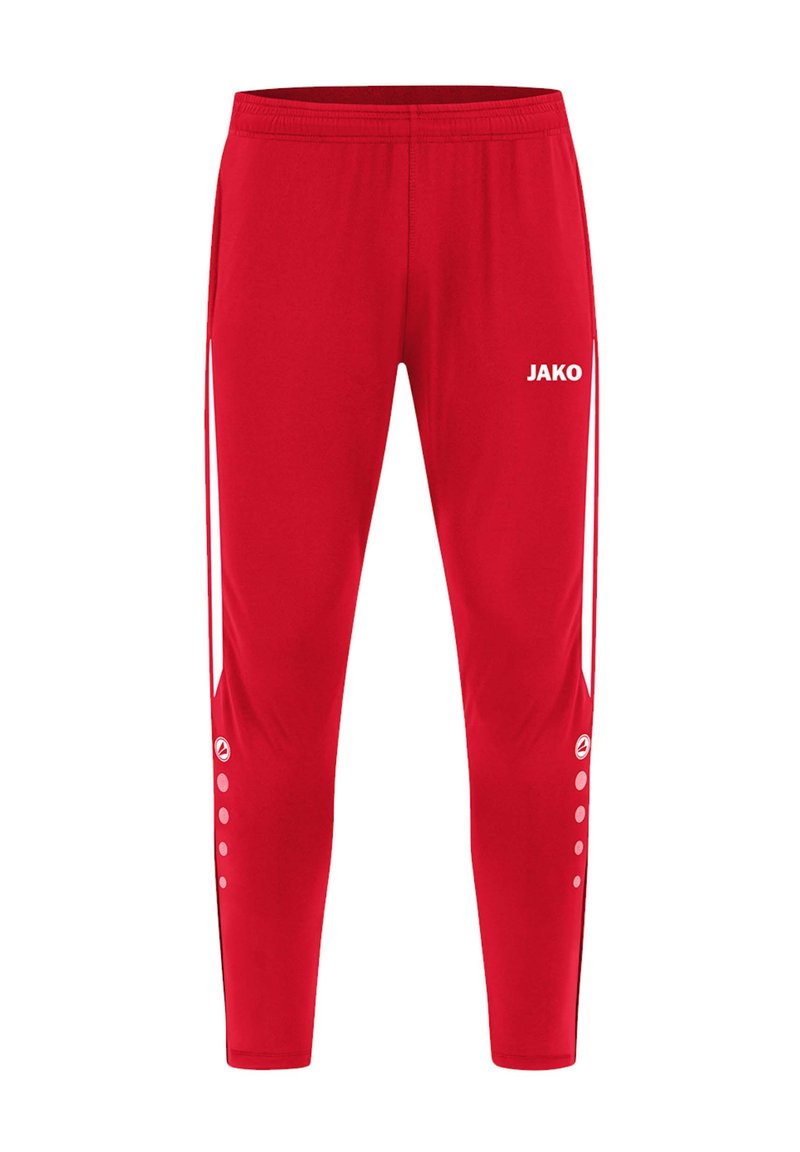 Rode polyester sportbroek met een slim fit, elastische tailleband, witte zijstrepen en knoopdetails bij de enkels. Bevat het 'JAKO' logo.