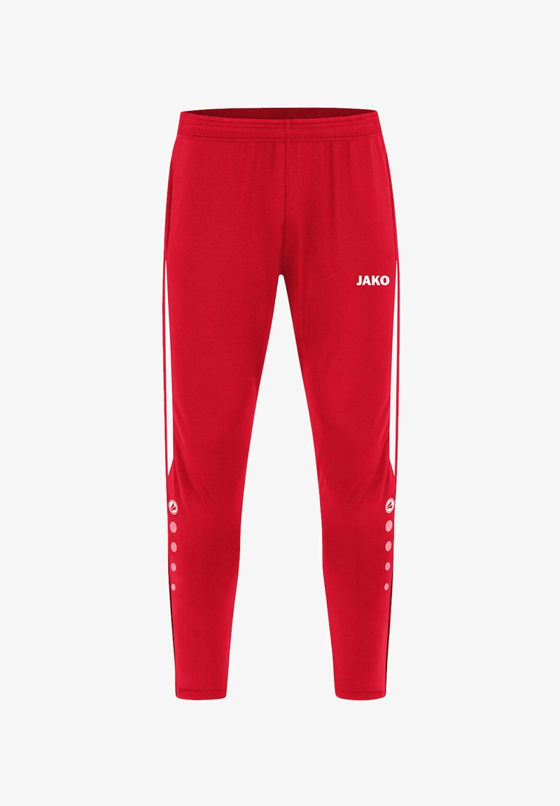 Rode polyester sportbroek met een slim fit, elastische tailleband, witte zijstrepen en knoopdetails bij de enkels. Bevat het 'JAKO' logo.