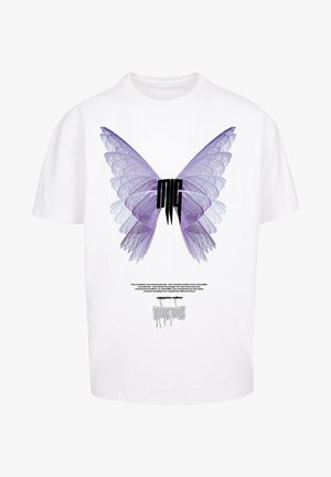 White cotton T-shirt featuring a large purple butterfly graphic on the front and text elements below. The design is centered.