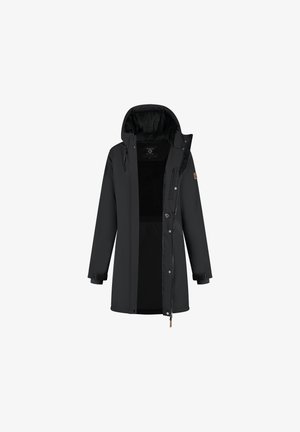 Zwarte winterjas met capuchon, rits en drukknoopsluiting, voorzien van verstelbare mouwboorden en een borstzak aan de linkerkant.
