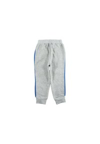 Pantalon de survêtement gris avec des bandes latérales bleues, taille élastique et poignets côtelés. Texture douce, design de jambe fuselée.