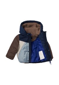 Polstret jakke med hætte, med et farveblokeringsdesign i marineblå, brun, lys blå og creme, foret med brun fleece og en blå indvendig.