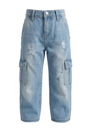 Pantaloni cargo in denim azzurro chiaro con toppe consumate, bottone frontale, passanti per cintura, tasche laterali con patta e taglio a gamba dritta.