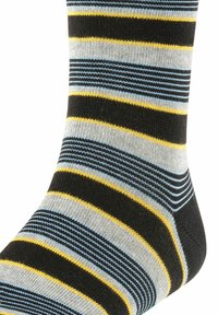 Skarpeta w paski w kolorze czarnym, szarym i jasnoniebieskim z żółtymi akcentami; charakteryzuje się gładkim splotem, ściągaczem i bezszwowym wykończeniem palców.