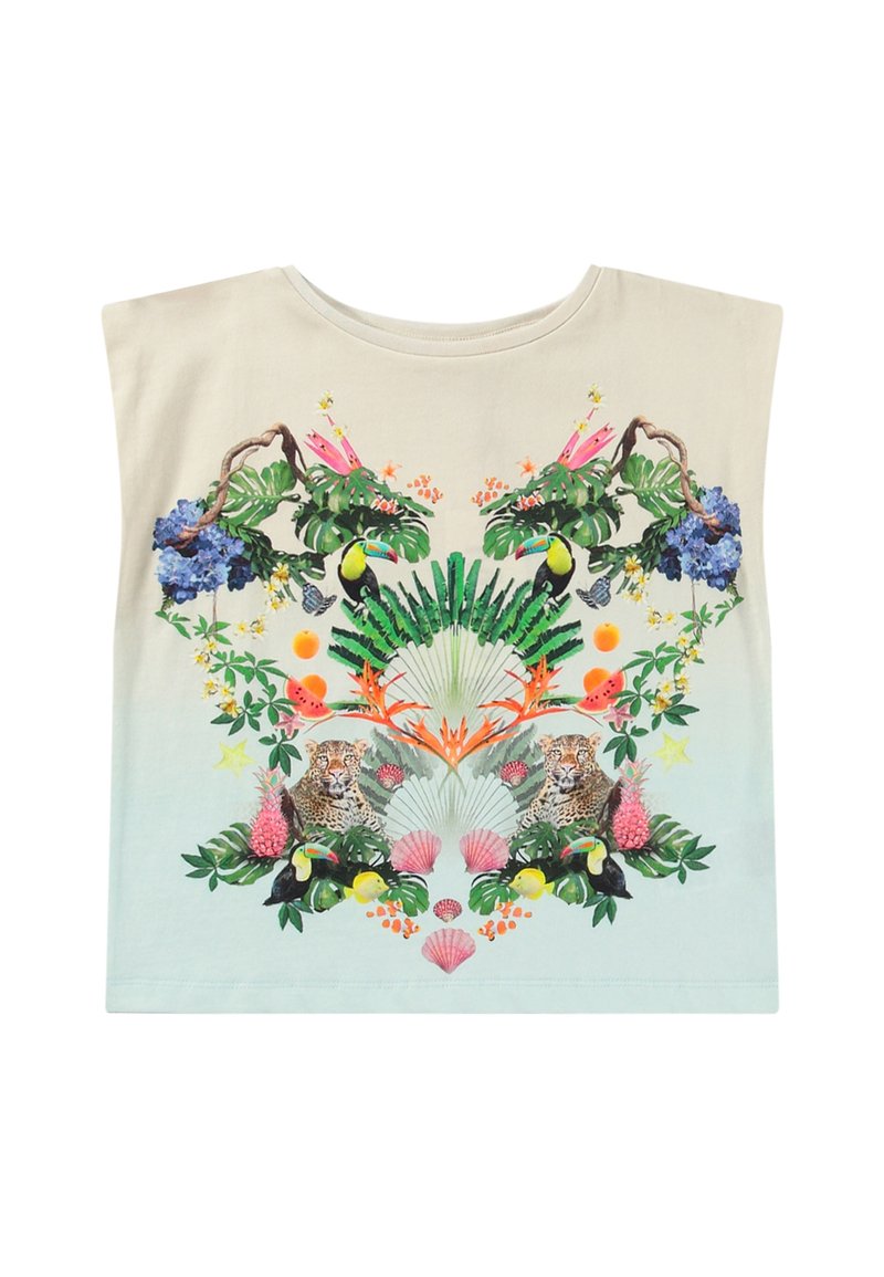 T-shirt a maniche corte in cotone color crema con grafica botanica e animale vivace, tra cui tucani, leopardi e piante tropicali.