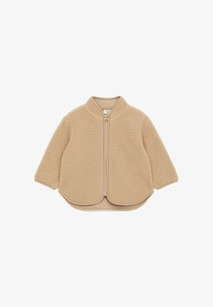 Veste beige pour tout-petit avec fermeture éclair, en polaire douce et texturée, manches longues et ourlet arrondi.