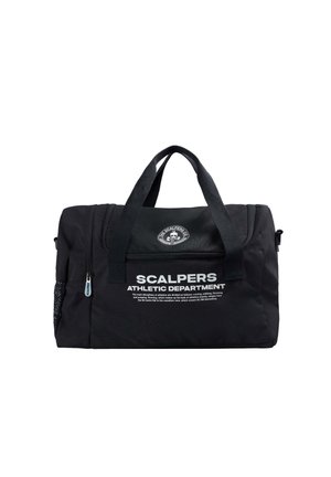 Bolsa de deporte negra hecha de tela resistente, con dos asas de agarre, un bolsillo frontal con texto y un bolsillo lateral de malla para ventilación.