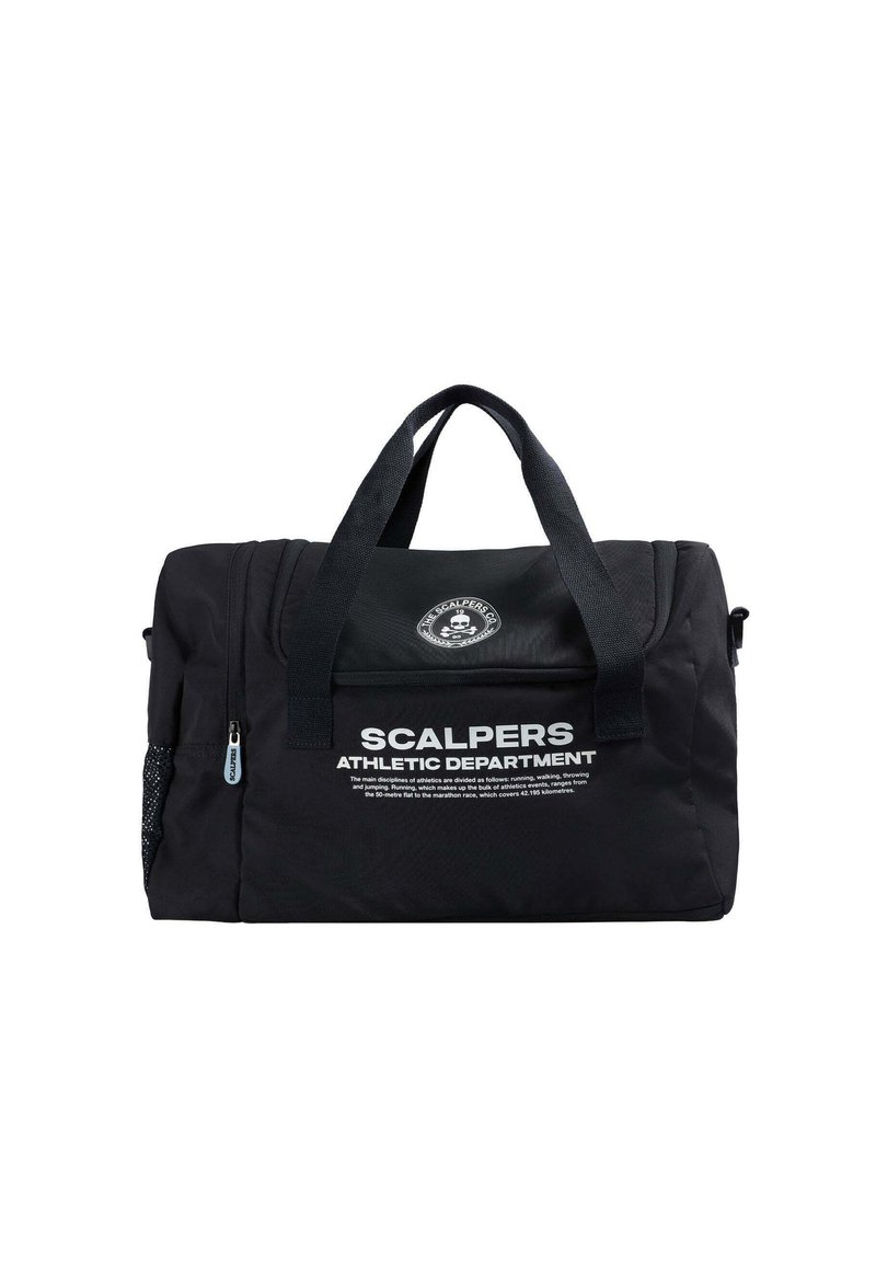 Bolsa de deporte negra hecha de tela resistente, con dos asas de agarre, un bolsillo frontal con texto y un bolsillo lateral de malla para ventilación.