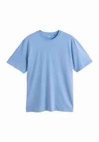 Tricou scurt, de culoare albastru deschis, realizat din bumbac moale, cu decolteu tip crew și o croială lejeră, fără modele sau aplicații.