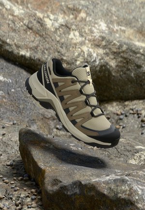 Beige og sort Salomon vandresko, svævende over klippefyldt terræn, der fremhæver robust sål og mesh øverste design.