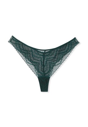 String en dentelle vert foncé, avec des bords festonnés, des motifs floraux délicats et un design en maille. Tissu doux avec une ceinture lisse.