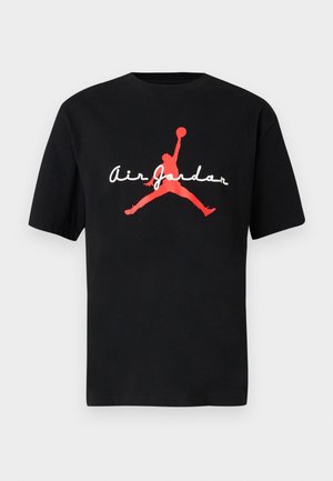 Czarny bawełniany t-shirt z dużym czerwonym logo "Jumpman" i białym napisem "Air Jordan" na środku przodu. Krótkie rękawy, okrągły dekolt.