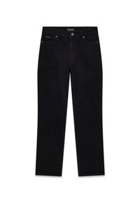 Jeans in denim nero con taglio a gamba dritta. Presentano tasche frontali, passanti per cintura e chiusura con bottone in metallo. Design pulito, senza motivi.