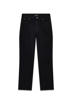 Zwarte denim jeans met een rechte pijp. Voorzien van voorzakken, lussen voor een riem en een metalen knoopsluiting. Eenvoudig ontwerp zonder patronen.