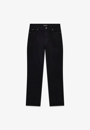 Jeans in denim nero con taglio a gamba dritta. Presentano tasche frontali, passanti per cintura e chiusura con bottone in metallo. Design pulito, senza motivi.