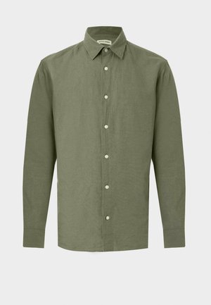 Langarm overhemd met knopen in olijfgroen, gemaakt van gestructureerde stof met een traditionele kraag en witte knopen.