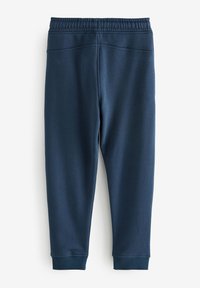 Pantaloni jogger blu navy in tessuto morbido, con vita elasticizzata e gambe affusolate, polsini a costine alle caviglie.