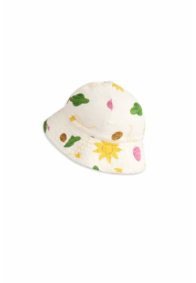Cappello a secchiello bianco con motivo di cactus verdi, soli gialli, pianeti rosa e marroni e stelle cadenti gialle.