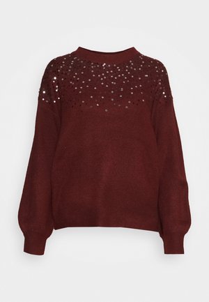 Bordeauxfarbener Pullover mit rundem Ausschnitt, der über die obere Hälfte mit einem von Pailletten verzierten Muster und ballonartig geschnittenen Ärmeln verfügt.
