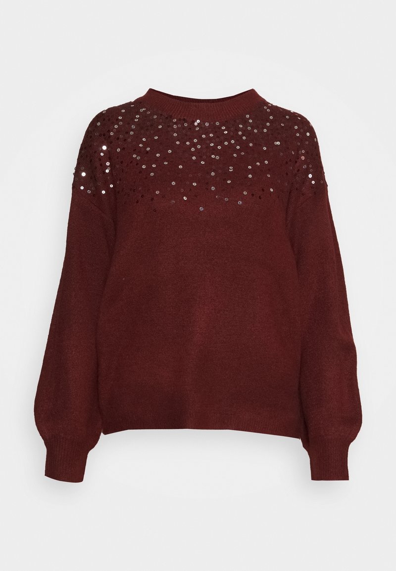 Pull en bordeaux avec un col rond, présentant un motif brodé de sequins sur la partie supérieure et des manches ballon.