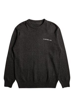 Tmavošedý sveter s rebrovaným okrúhlym výstrihom a manžetami. Obsahuje jemné logo vyšité na hrudi. Vyrobené z mäkkého pleteného materiálu.