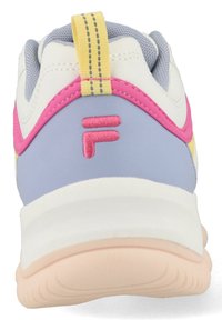 Multicolored sneaker featuring a white leather upper, blue and pink accents, textured mesh tongue, and a yellow striped pull tab.