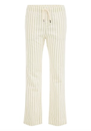 Lichte broek in off-white met groene verticale strepen. Voorzien van een elastische tailleband met een trekkoord voor een verstelbare pasvorm.
