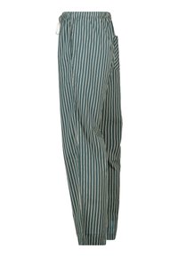 Pantalons bleu-vert avec des rayures verticales blanches, taille élastique avec cordon de serrage et une poche latérale, montrés de profil.