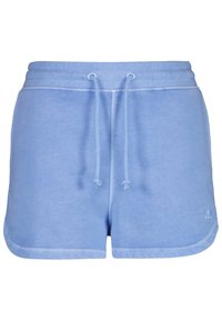 Short en coton bleu clair avec cordon de serrage, présentant une texture brossée et des coutures blanches contrastantes le long de l'ourlet pour un design sportif.