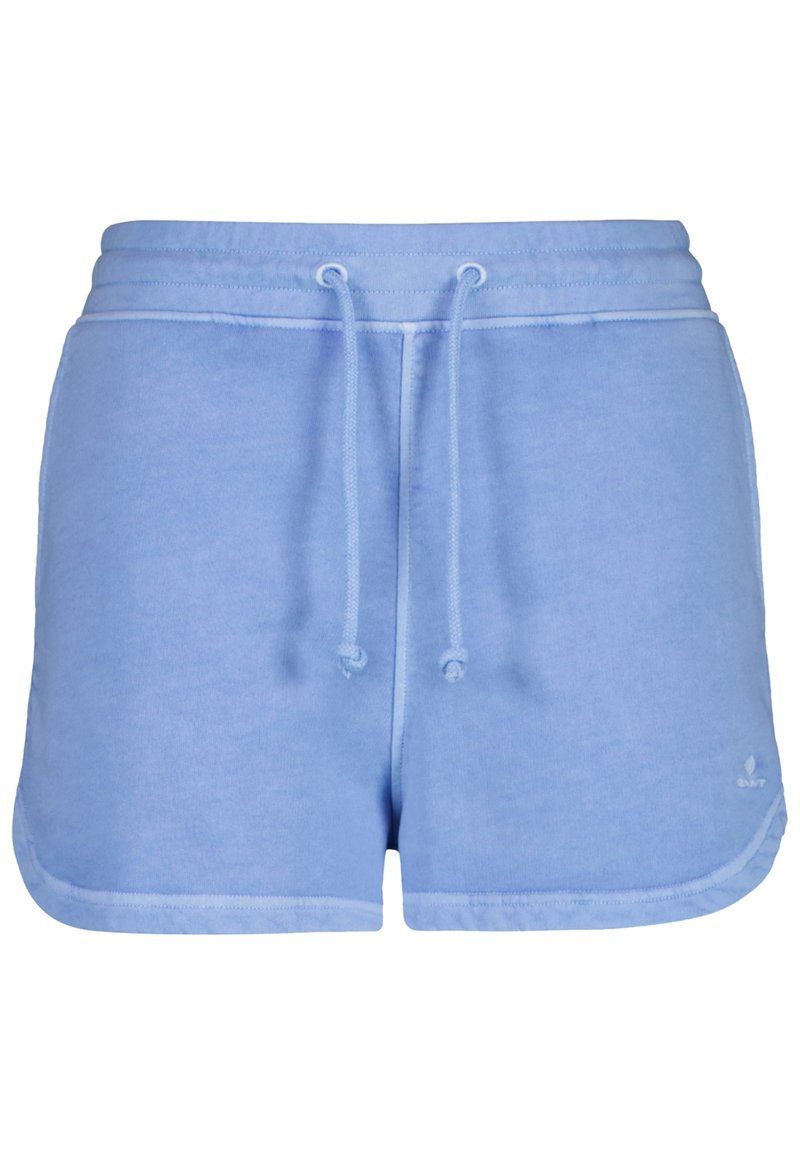 Short en coton bleu clair avec cordon de serrage, présentant une texture brossée et des coutures blanches contrastantes le long de l'ourlet pour un design sportif.