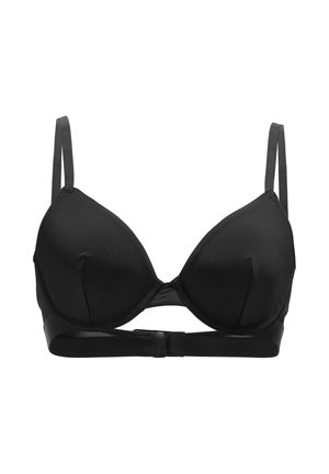 Reggiseno imbottito nero con ferretti, spalline regolabili e chiusura posteriore con gancetto contro uno sfondo bianco.