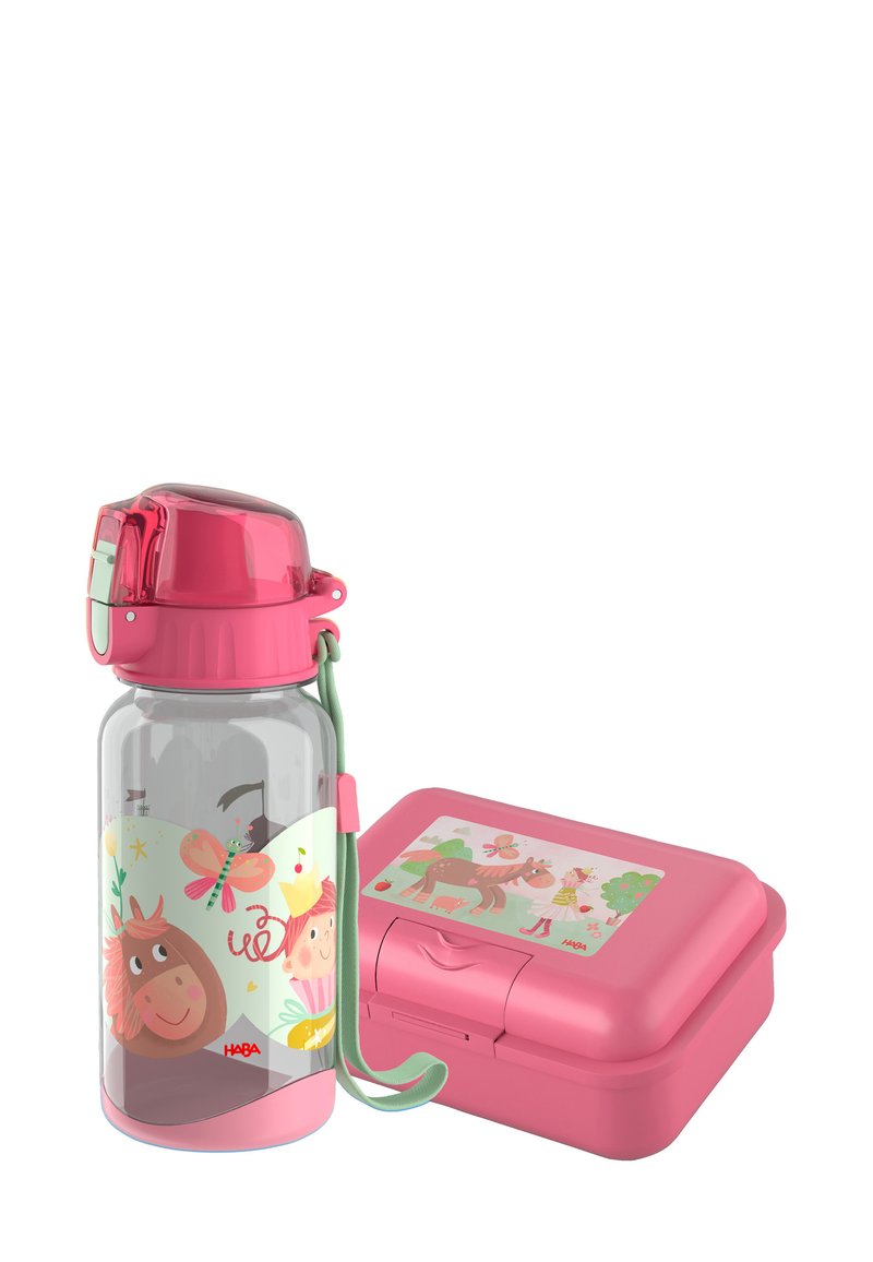 Pink plastic water bottle with a secure screw cap, featuring whimsical animal graphics. Accompanied by a matching pink lunchbox with a similar design.