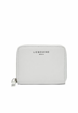 Portefeuille en cuir blanc avec fermeture éclair argentée et logo "LIEBESKIND BERLIN" sur le devant, rectangulaire avec bords arrondis.