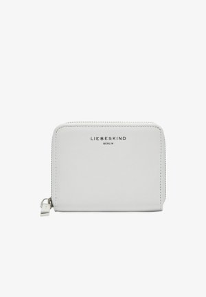 Portefeuille en cuir blanc avec fermeture éclair argentée et logo "LIEBESKIND BERLIN" sur le devant, rectangulaire avec bords arrondis.