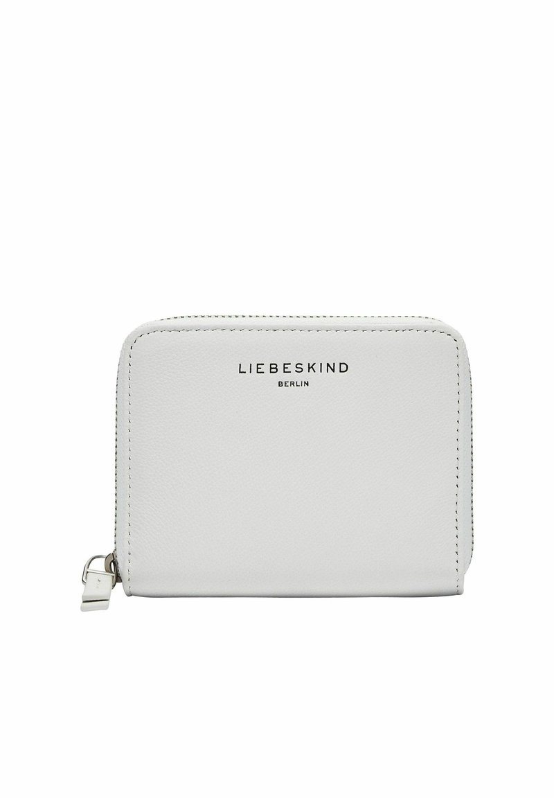 Portefeuille en cuir blanc avec fermeture éclair argentée et logo "LIEBESKIND BERLIN" sur le devant, rectangulaire avec bords arrondis.