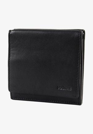 Zwarte leren portemonnee met een gladde textuur, opvouwbaar ontwerp en embossed logo. Kenmerkt zich door nette stiksels en een compact formaat.