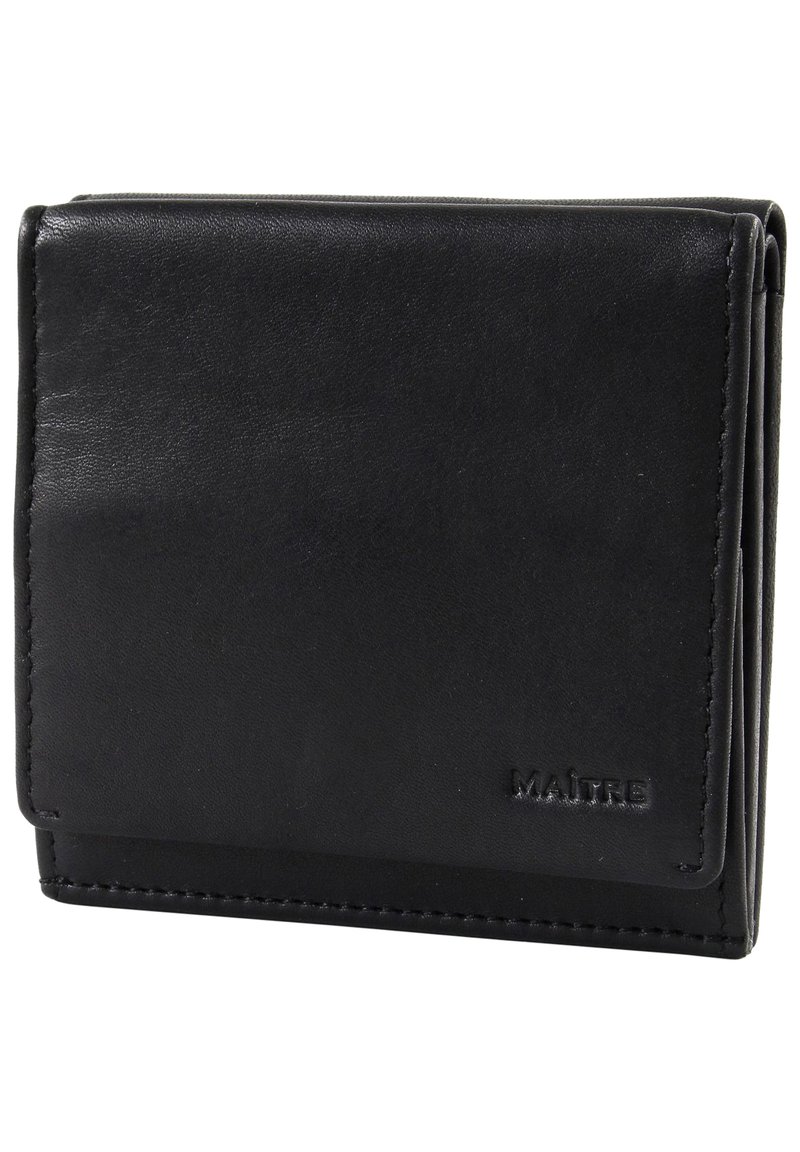 Zwarte leren portemonnee met een gladde textuur, opvouwbaar ontwerp en embossed logo. Kenmerkt zich door nette stiksels en een compact formaat.