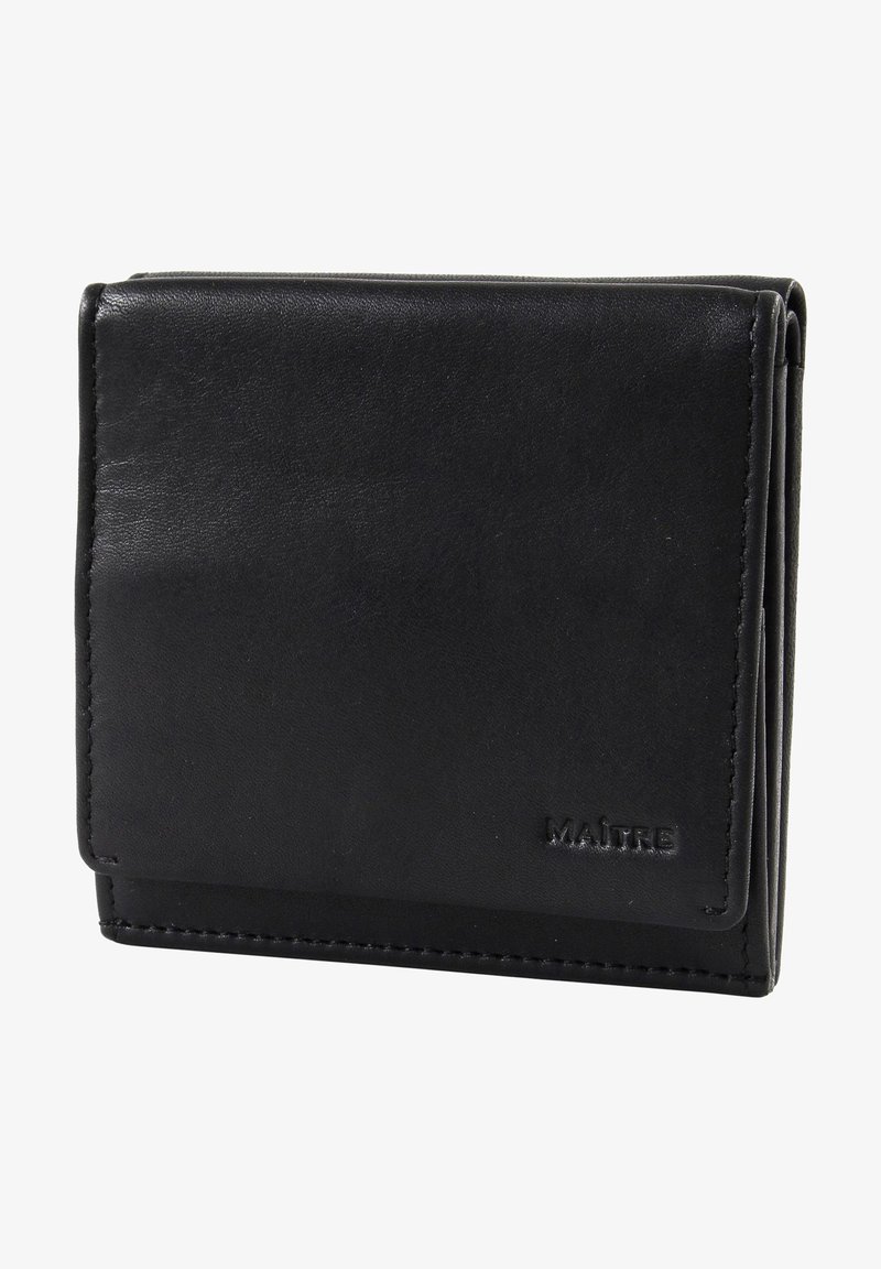 Black leather wallet with a smooth texture, bi-fold design, and embossed logo. Features neat stitching and a compact shape.