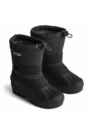 Sorte vandtætte støvler med polstret overdel, velcro-strop foran og tekstureret gummisål. Har elastisk snor til justerbar pasform.