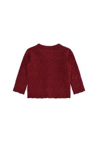 Maglione a maglia bordeaux con un motivo testurizzato, maniche lunghe e scollatura rotonda. La vista posteriore mostra dettagli di cucitura intricati.