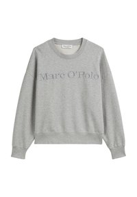 Maglione grigio con scollatura a girocollo, spalle scese e vestibilità rilassata. Presenta il testo ricamato "Marc O'Polo" sul davanti.